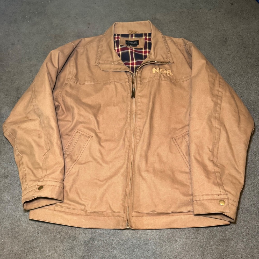 Burks Bay Mens Canvas Work Jacket Tan NRA Embroidered Plaid Lined XL